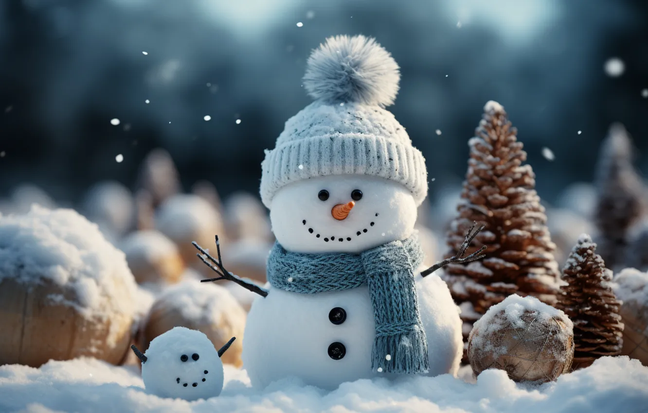 Фото обои зима, снег, Новый Год, Рождество, снеговик, happy, Christmas, winter