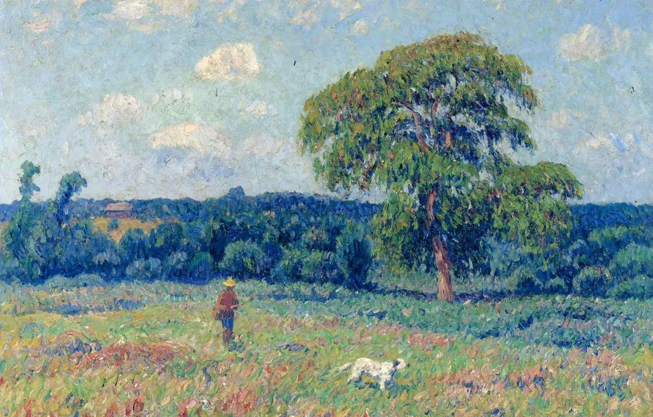 Фото обои небо, деревья, картина, луг, Анри Море, Пейзаж с охотником и его собакой