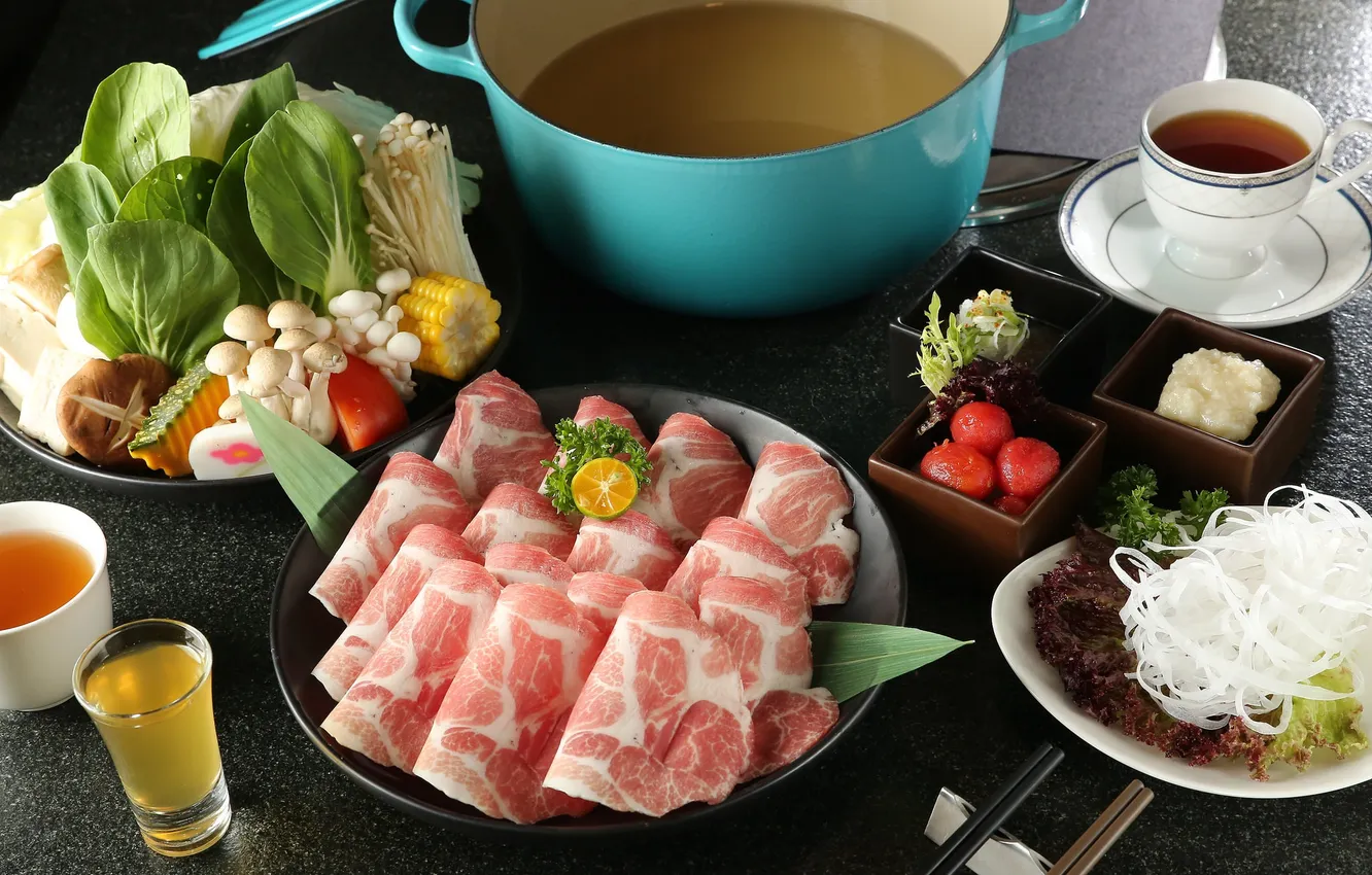 Фото обои чай, грибы, мясо, овощи, тайская кухня