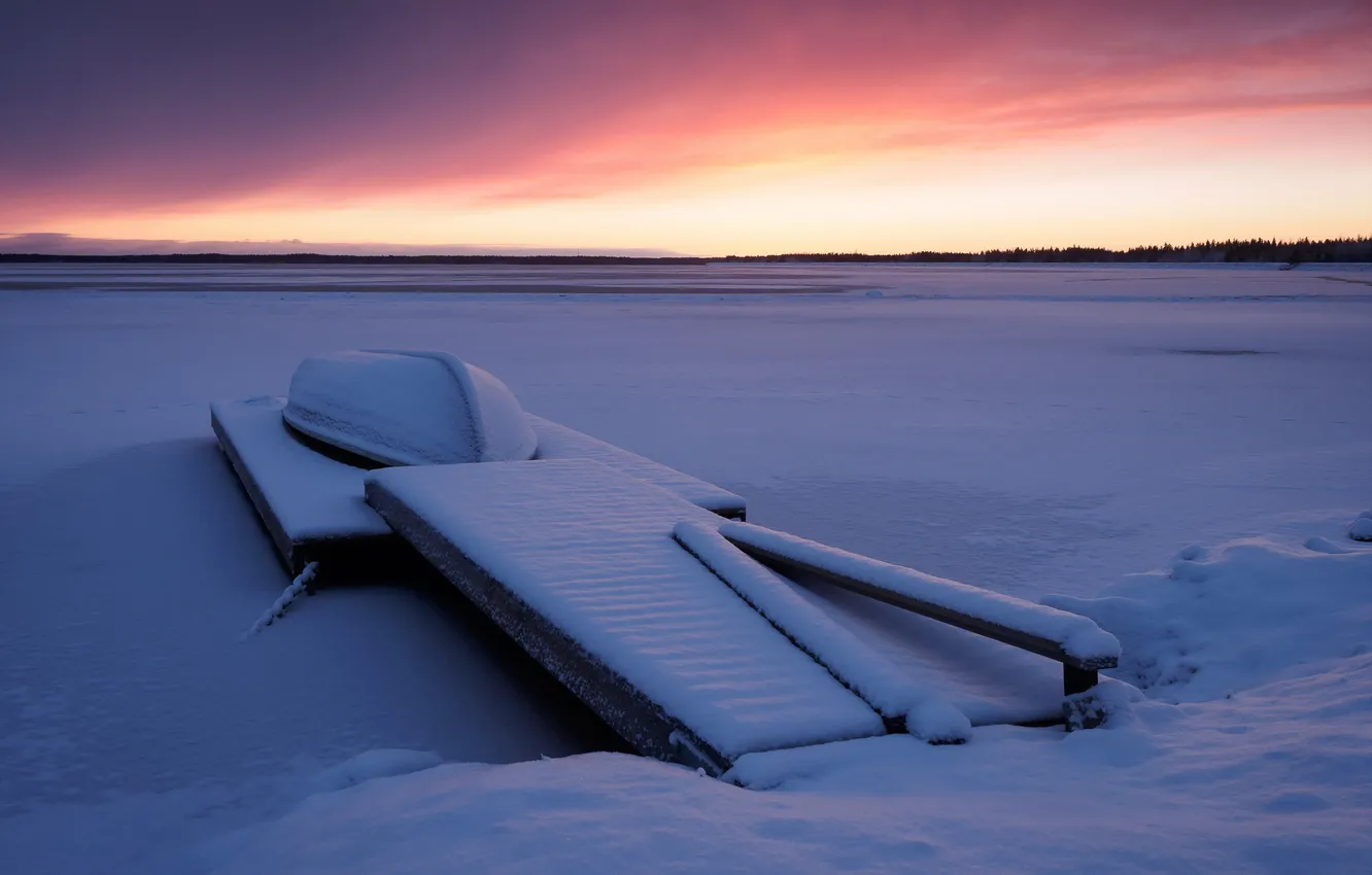 Фото обои зима, озеро, лодка