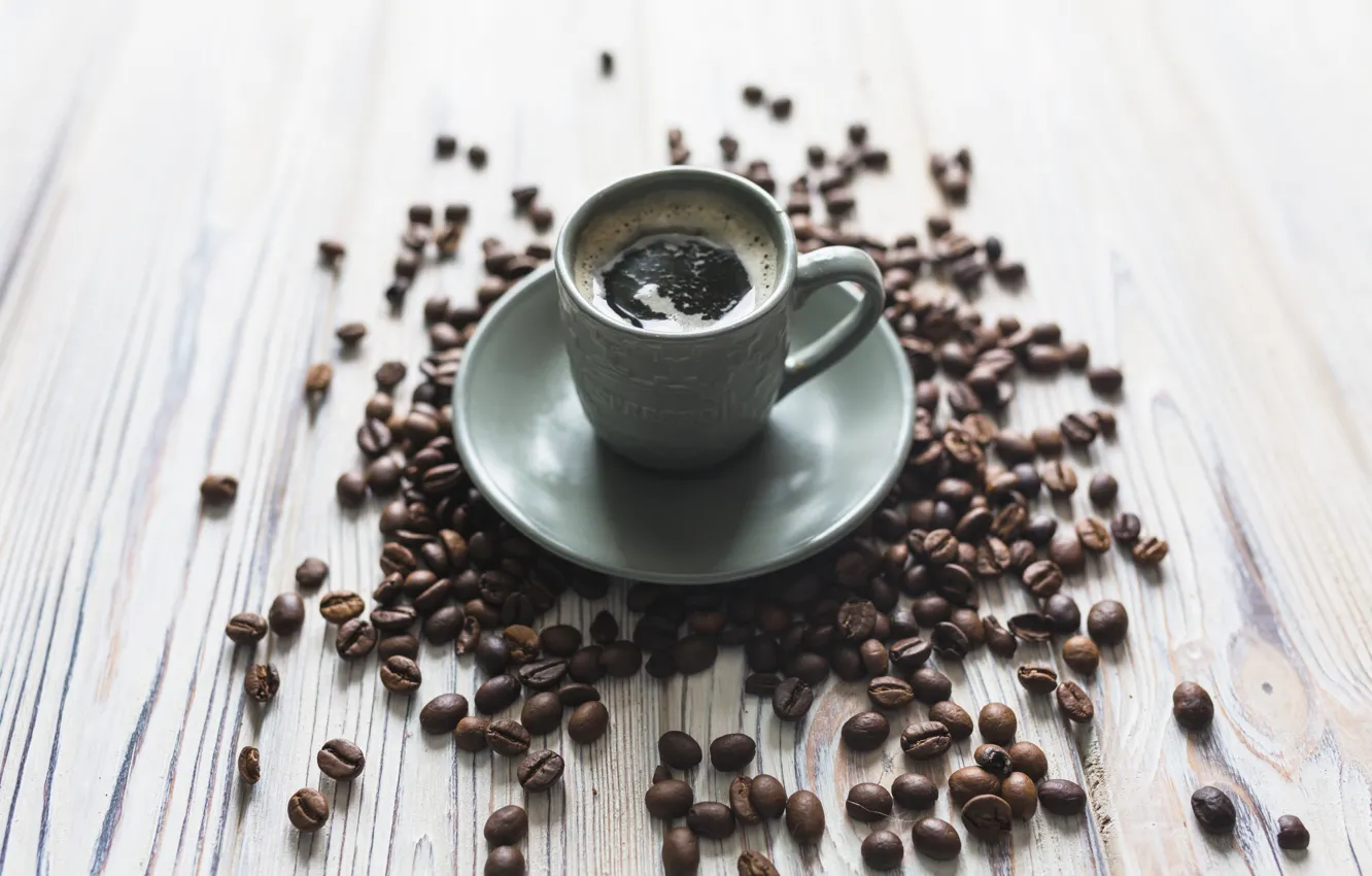 Фото обои чашка, wood, кофейные зёрна, cup, coffe, эспрессо, espresso