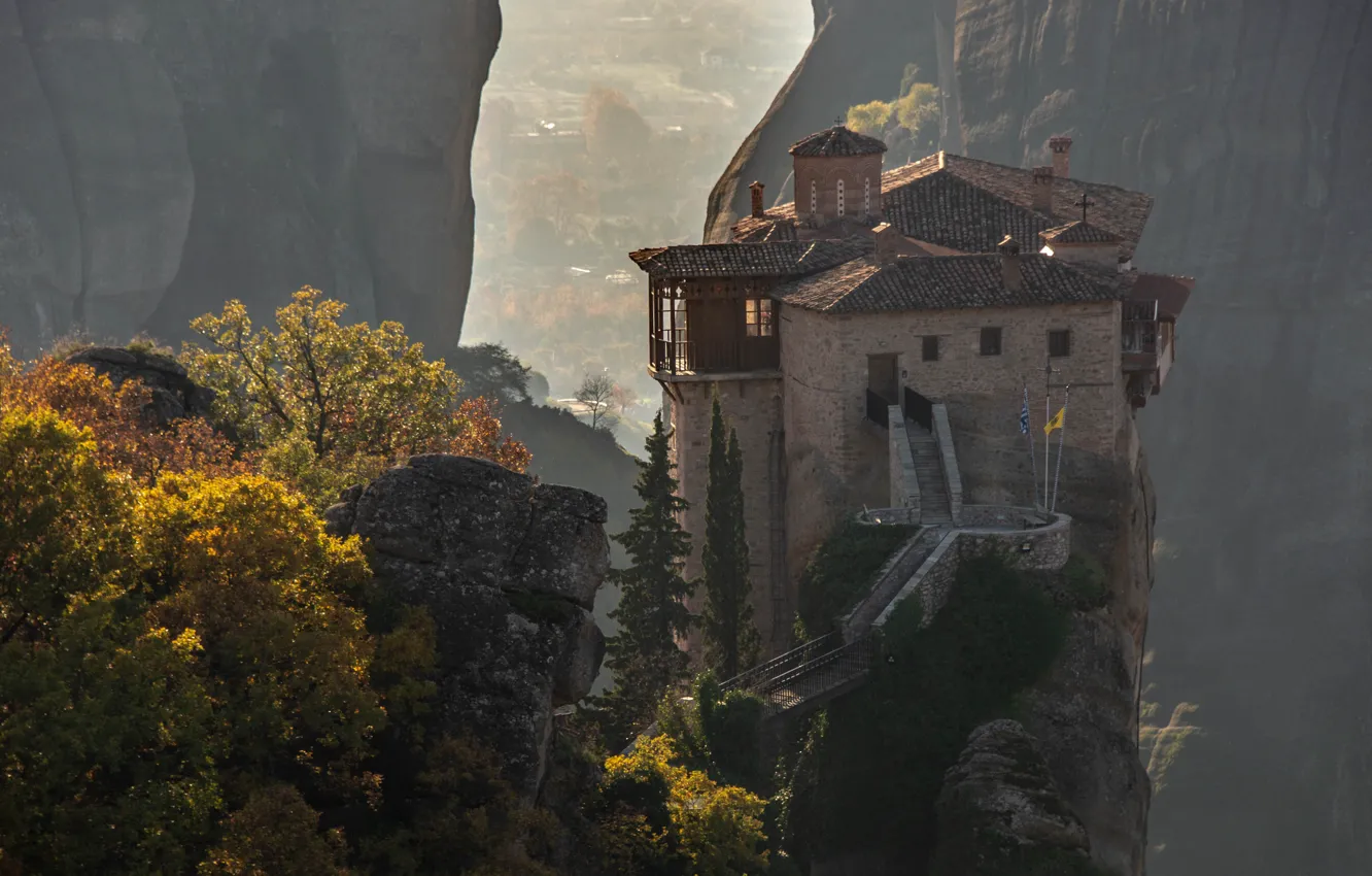 Фото обои осень, пейзаж, горы, природа, скалы, растительность, Греция, монастырь