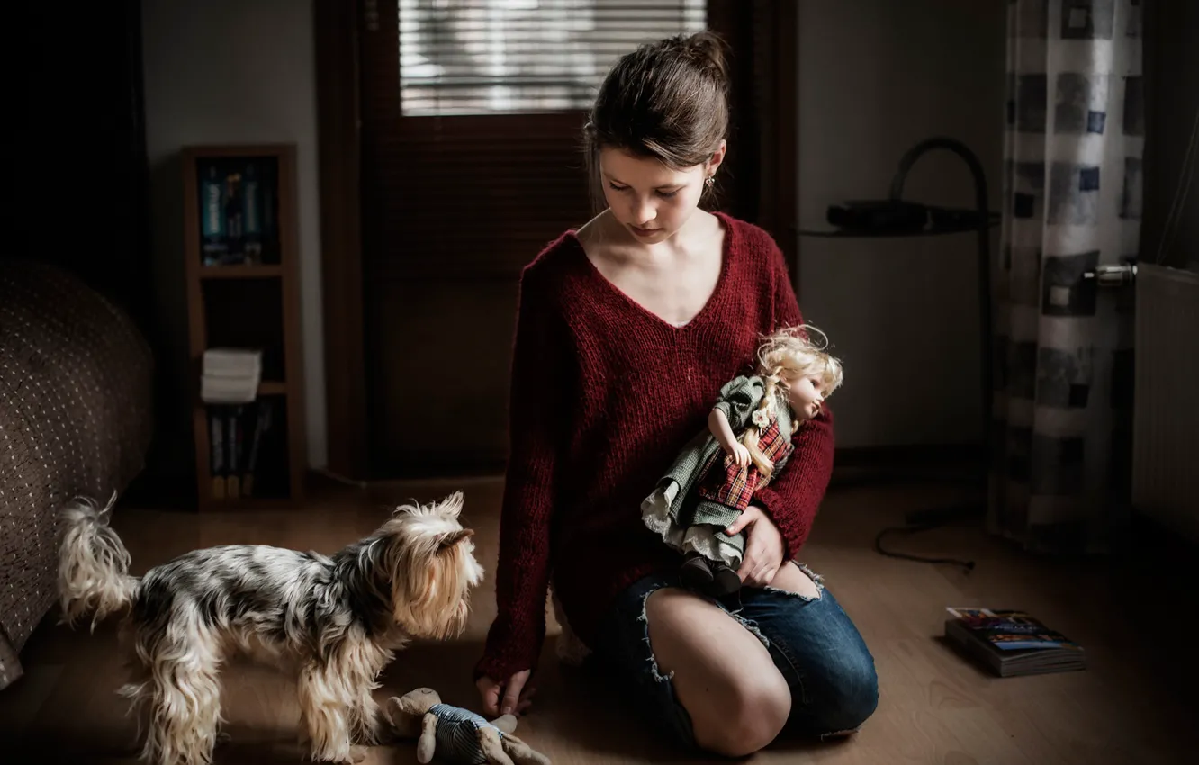 Фото обои собака, кукла, девочка, Игрушки