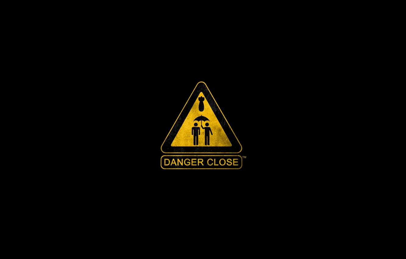 Фото обои minimalism, umbrella, sign, danger, black background, figures, bomb, simple background