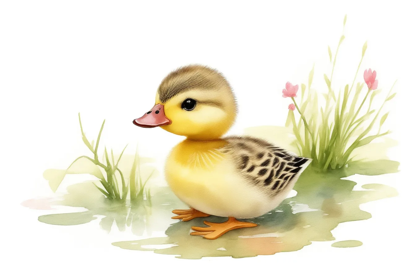 Фото обои птицы, птица, рисунок, утки, акварель, утята, утка, bird