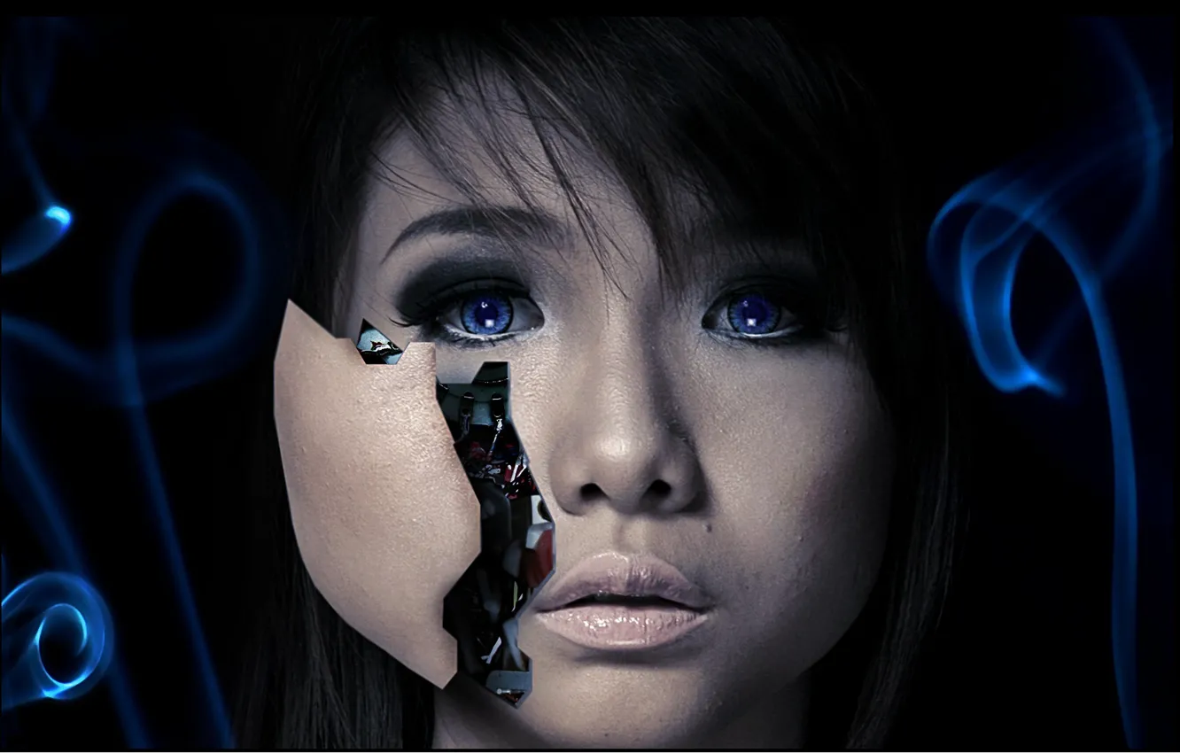 Фото обои лицо, робот, голова, Андроид, черный фон, киборг