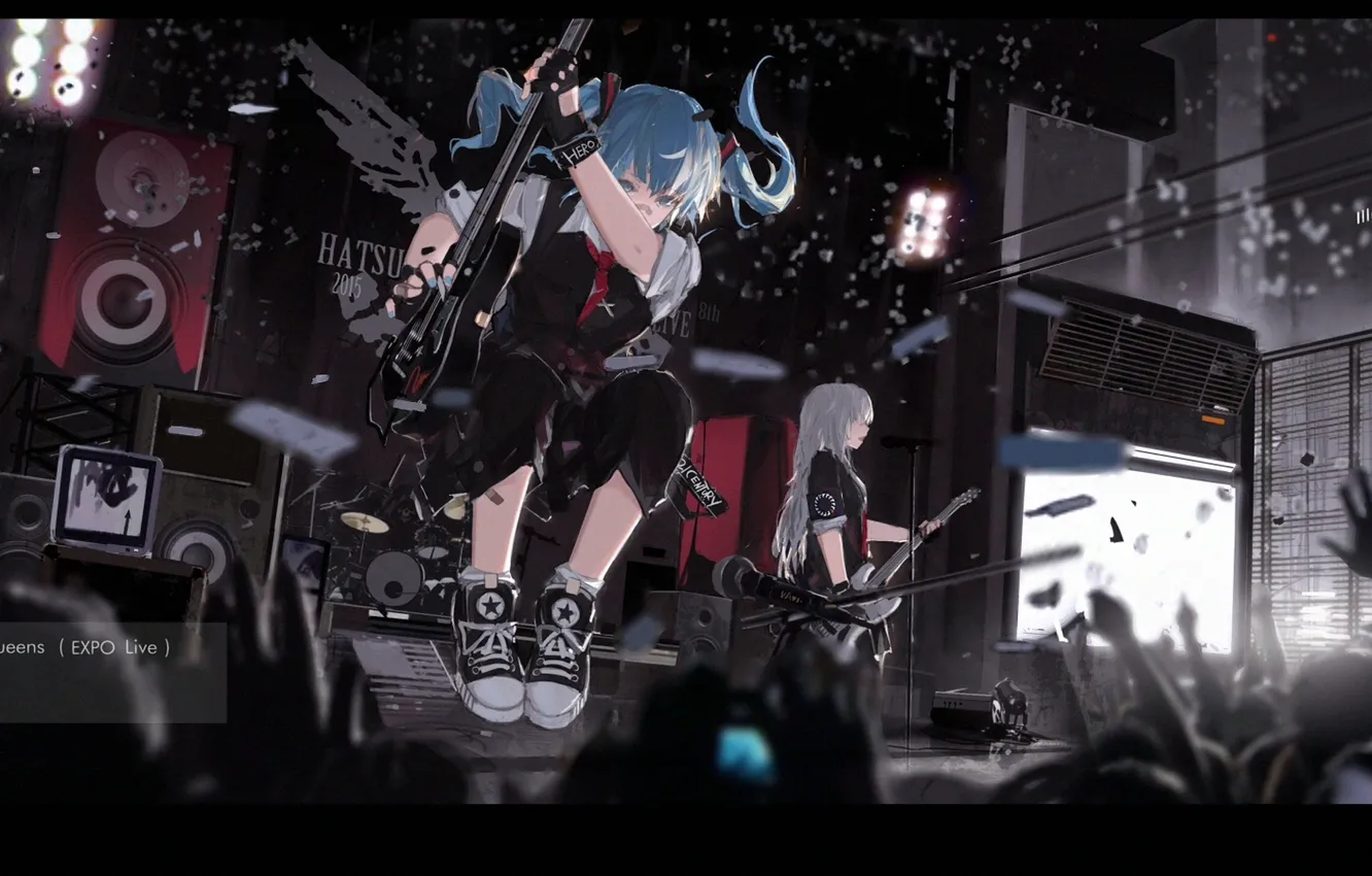 Фото обои девушка, знак, гитара, группа, аниме, руки, арт, концерт