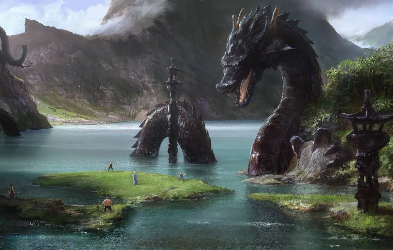 Фото обои река, люди, скалы, азия, драконы, арт, строения, гигантский
