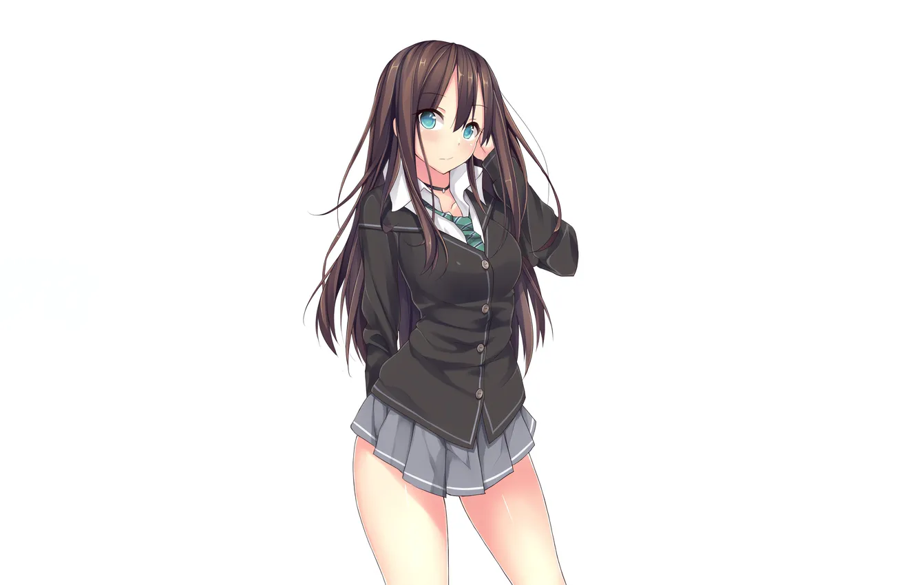Фото обои girl, sexy, school uniform, green eyes, long hair, brown hair, sexy girl, anime