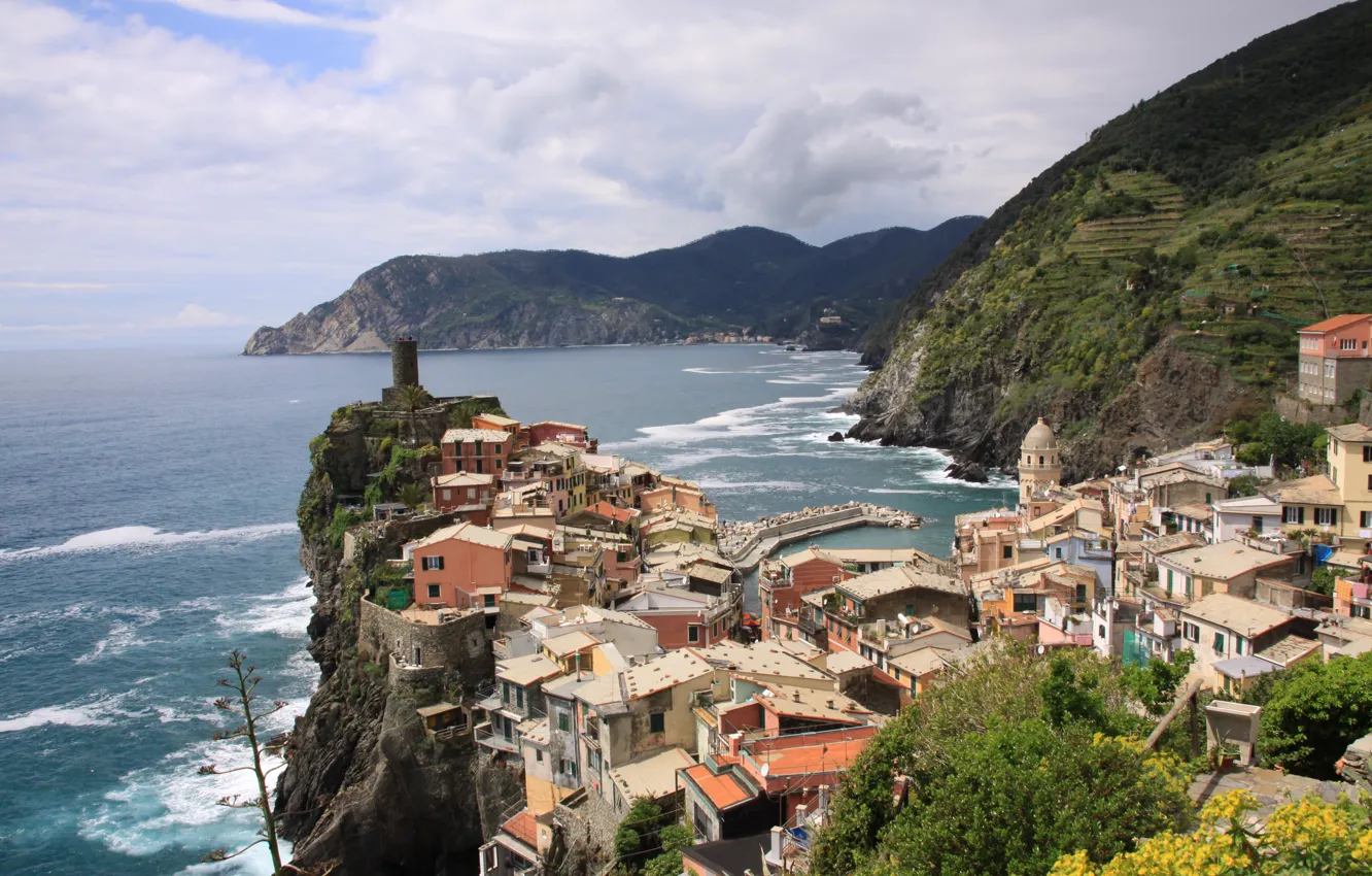 Фото обои пейзаж, горы, природа, здания, Италия, Italy, nature, Лигурийское море