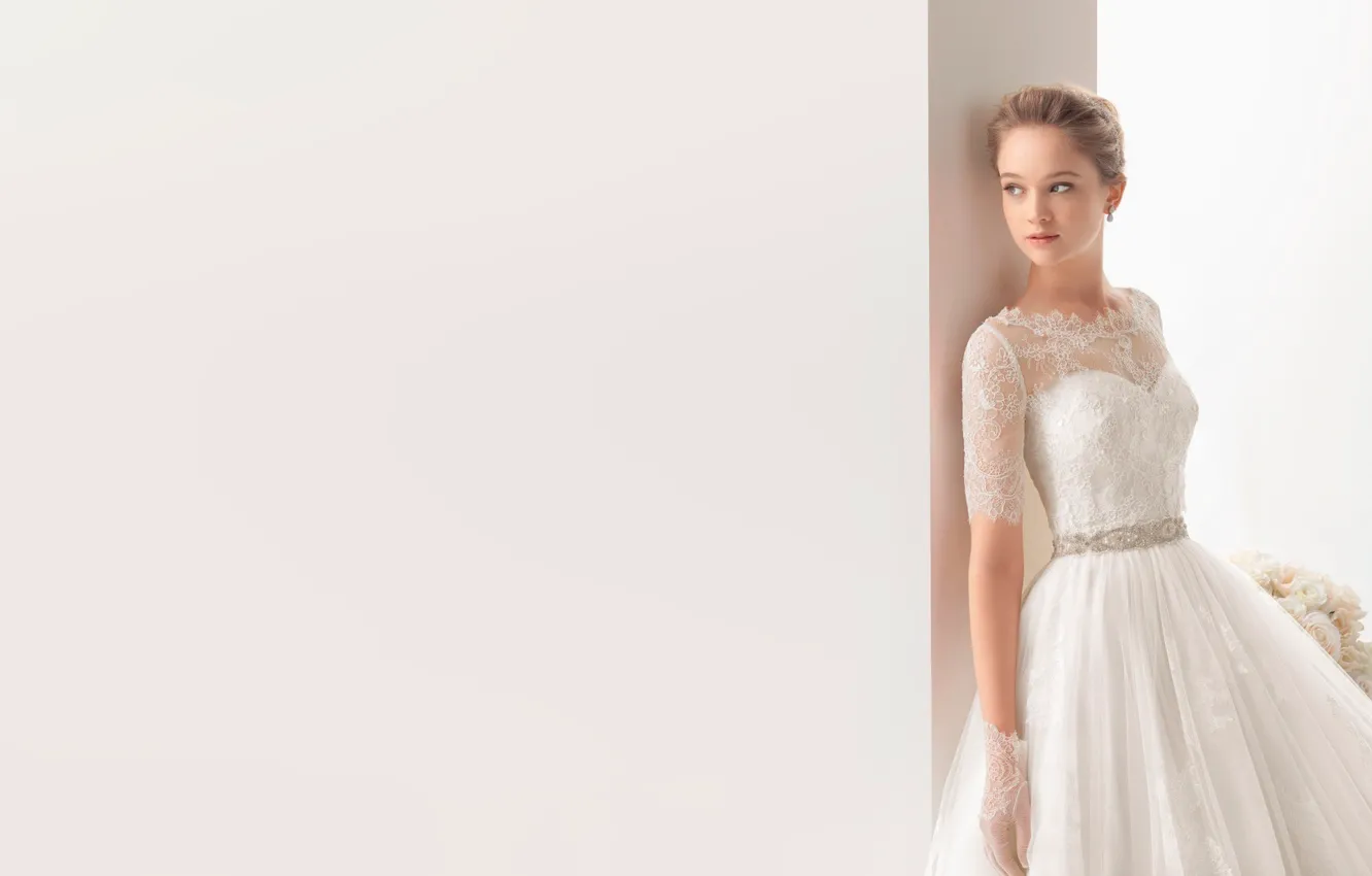 Фото обои девушка, минимализм, букет, платье, невеста