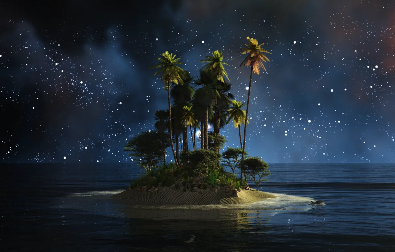 Фото обои вода, ночь, пальмы, остров