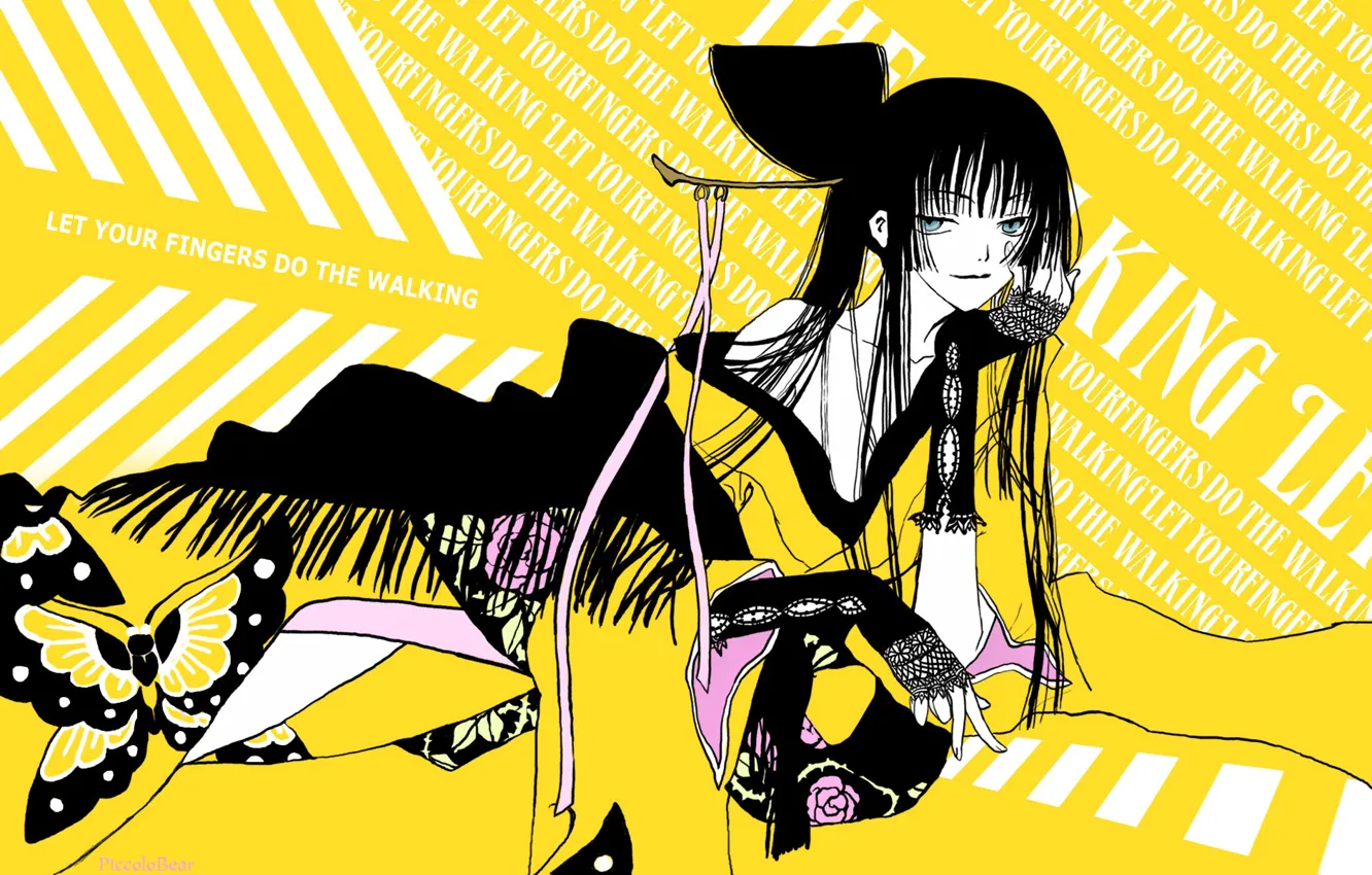 Фото обои девушка, аниме, арт, слова, жёлтый фон, xxxHolic