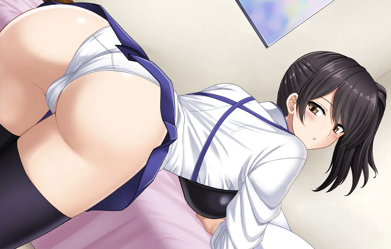 Фото обои girl, sexy, lingerie, ass, pantsu, panties, thighhighs, brown hair