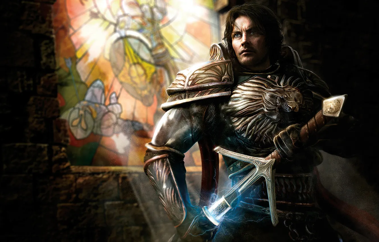 Фото обои оружие, замок, молнии, меч, воин, арт, витраж, мужчина