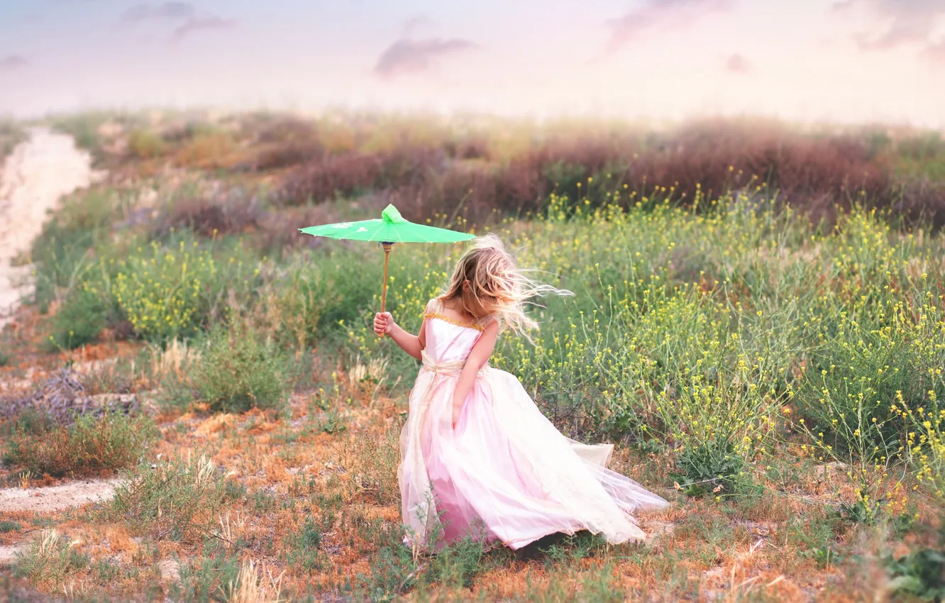 Фото обои ветер, зонт, платье, девочка