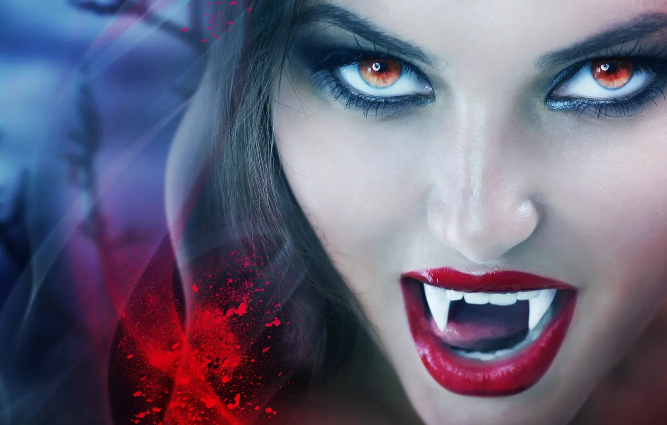 Фото обои взгляд, девушка, лицо, губы, клыки, вампирша