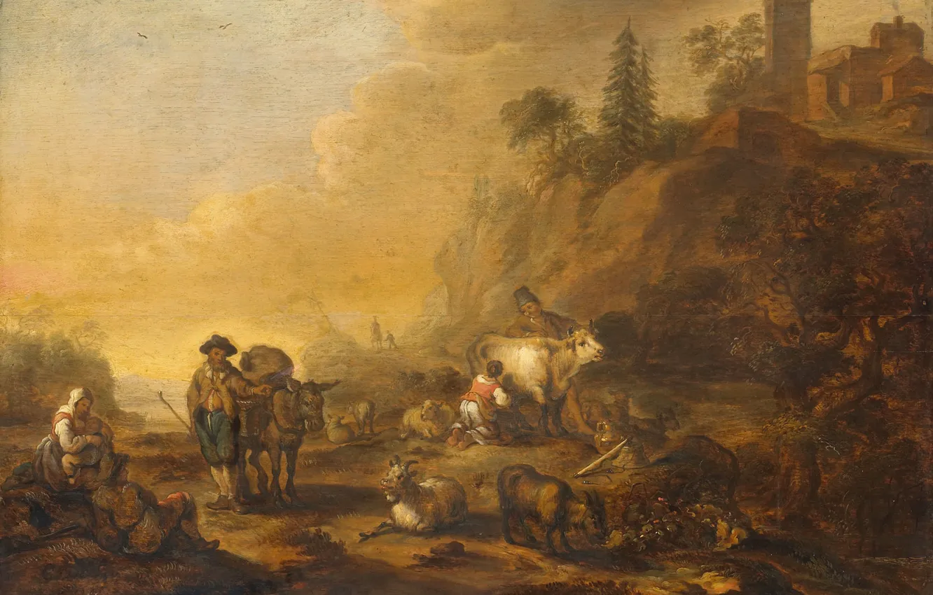 Фото обои масло, картина, Пейзаж с Пастухами и Скотом, 1648, Корнелис де Би, Cornelis de Bie