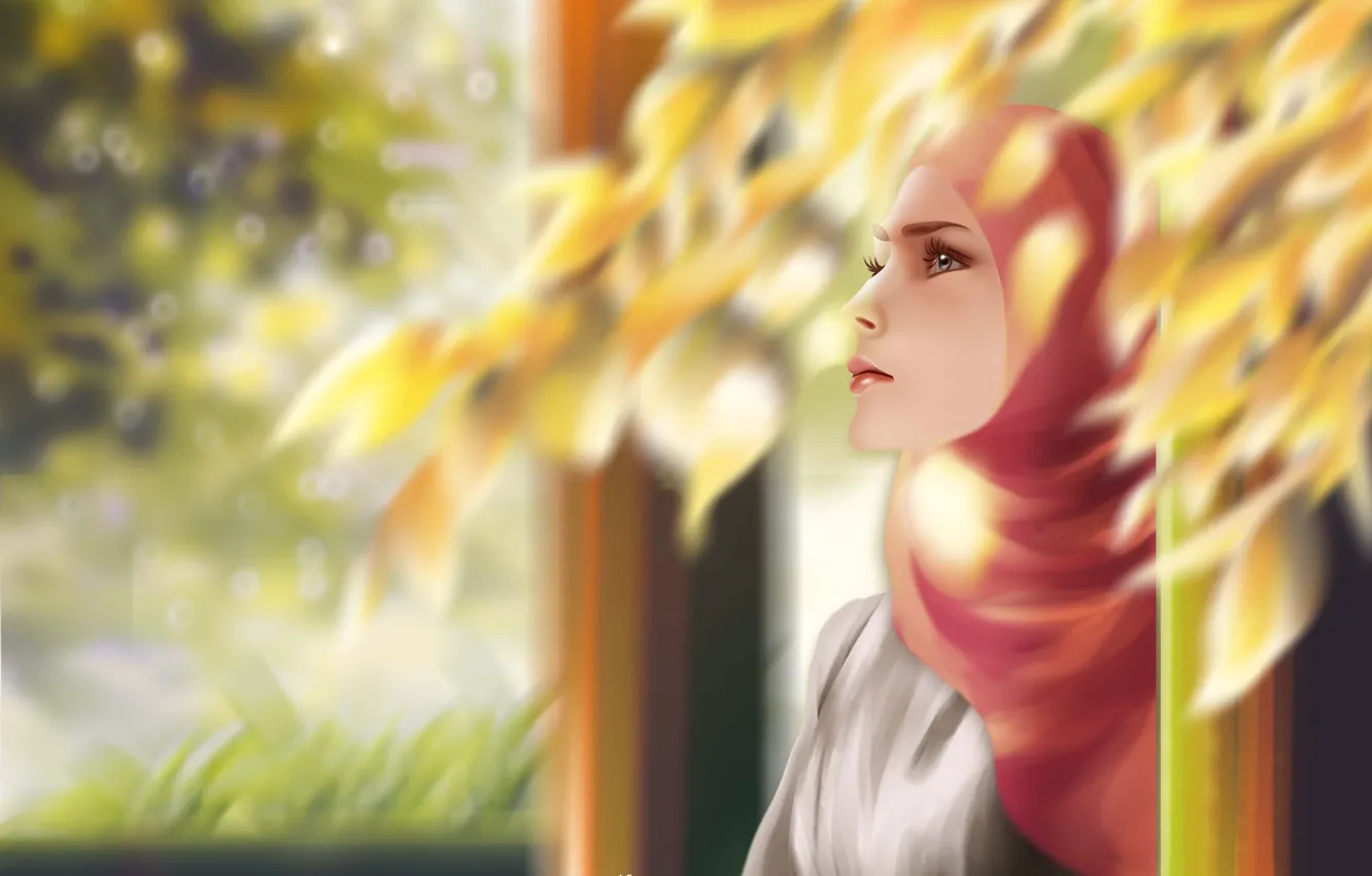 Фото обои animation, girl, digital, landscape, background, painting, illustration, muslim