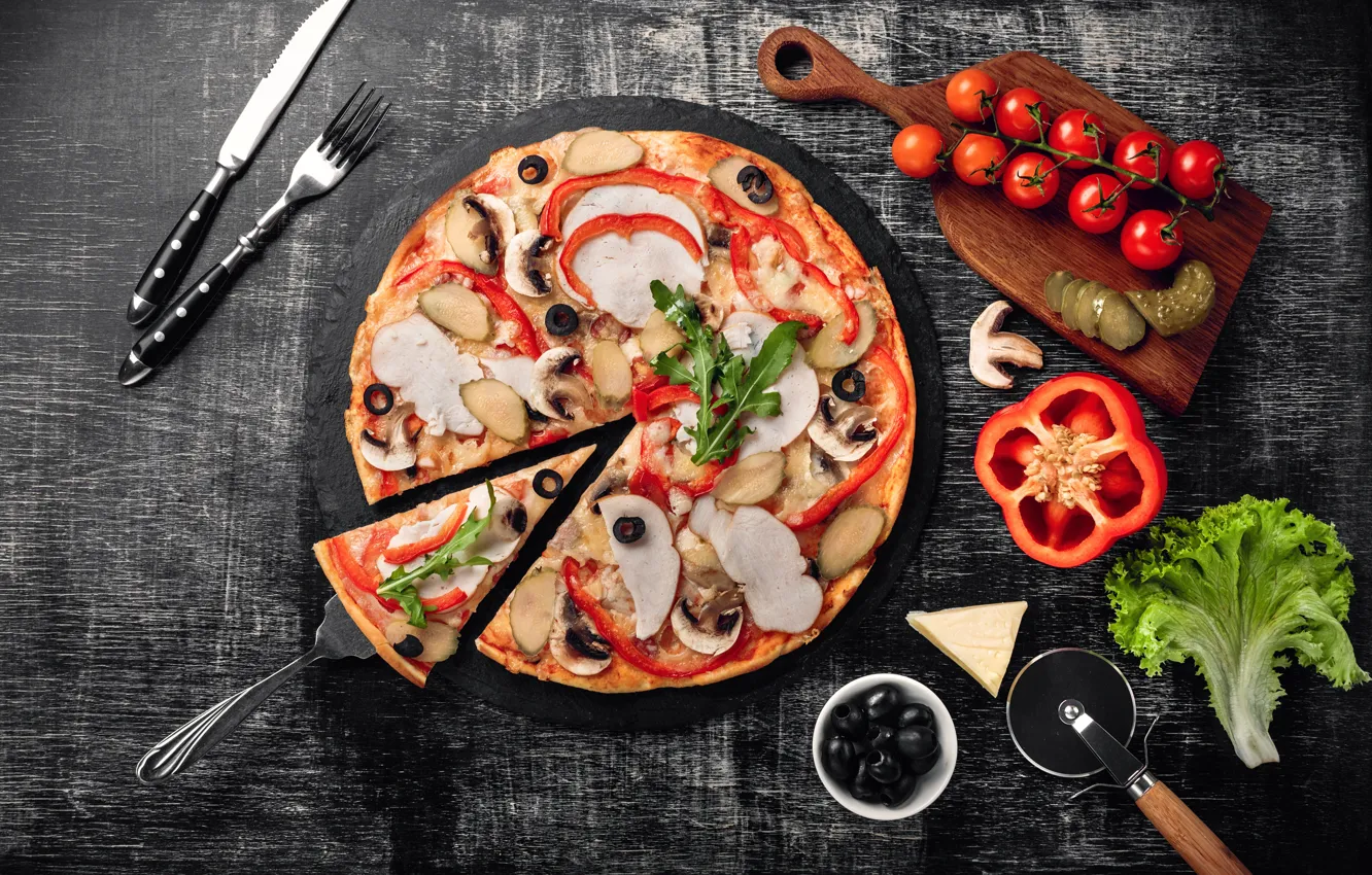 Фото обои грибы, сыр, перец, пицца, помидоры