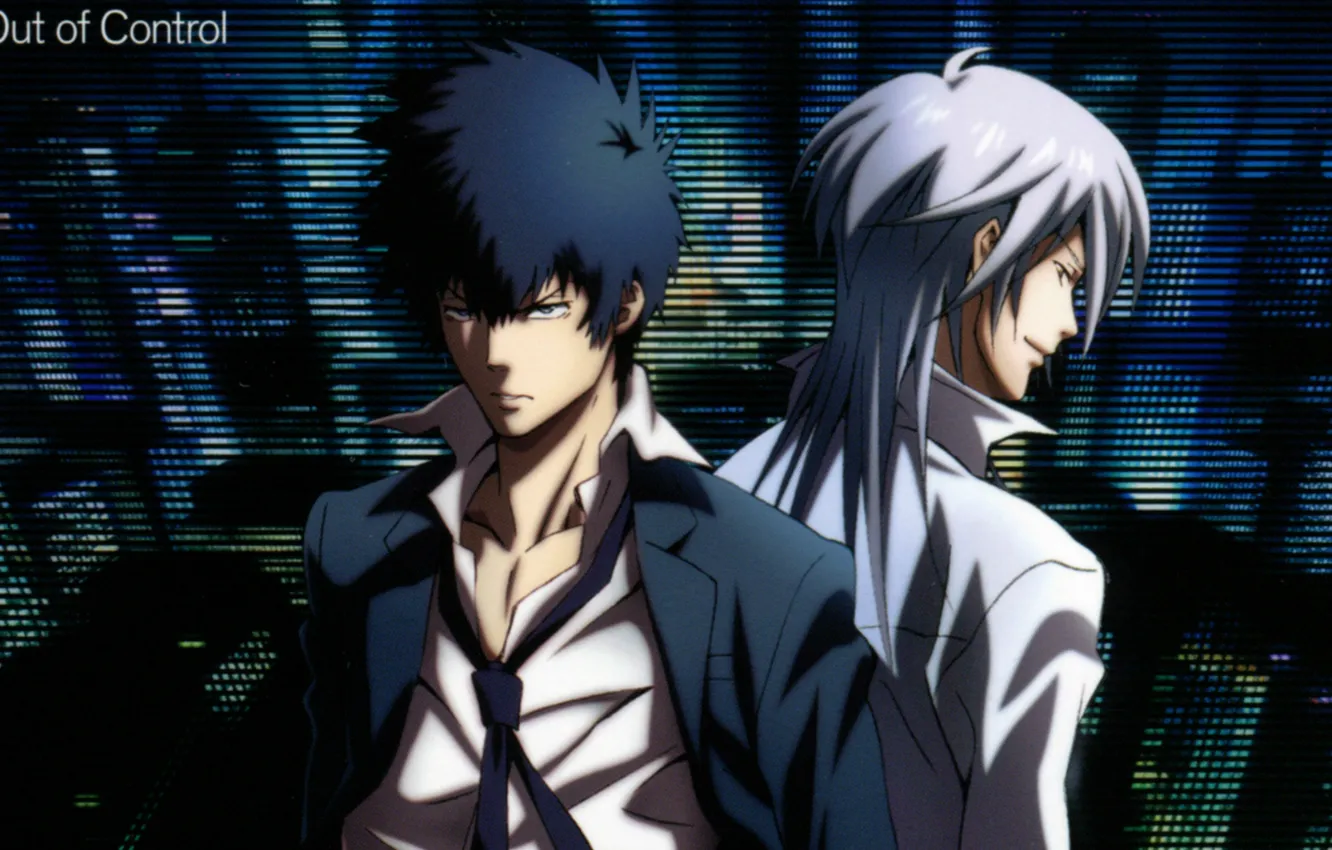 Фото обои галстук, два парня, спина к спине, белая рубашка, костюм черный, Psycho-pass, Shinya Kougami, Shougo Makishima