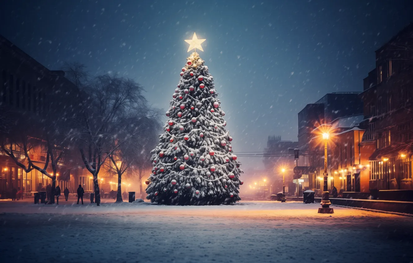 Фото обои Christmas, trees, winter, snow, town, AI art