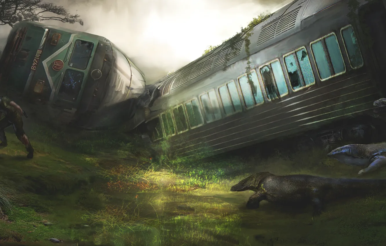 Фото обои человек, поезд, крушение, вагоны, арт, мужчина, ящеры