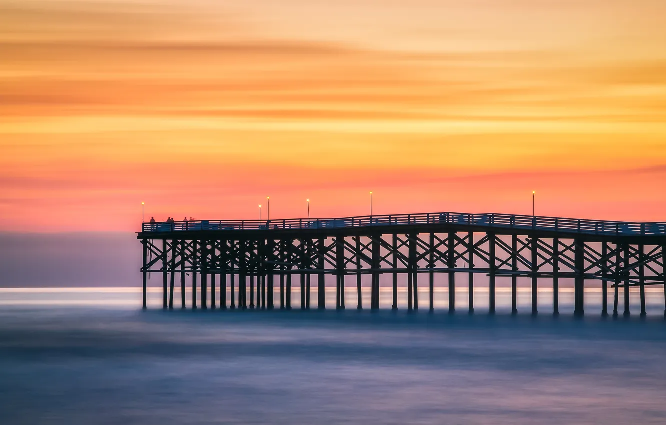 Фото обои море, закат, Калифорния, пирс, Сан-Диего, Соединенные Штаты, оранжевое небо, Кристалл Пир