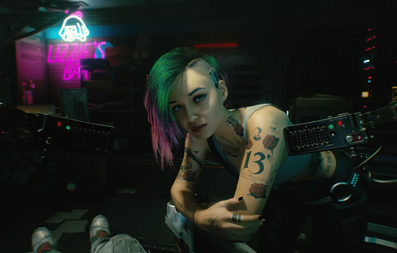 Фото обои девушка, игра, тату, экшен, персонаж, Cyberpunk 2077, Киберпанк 2077, Джуди Альварес