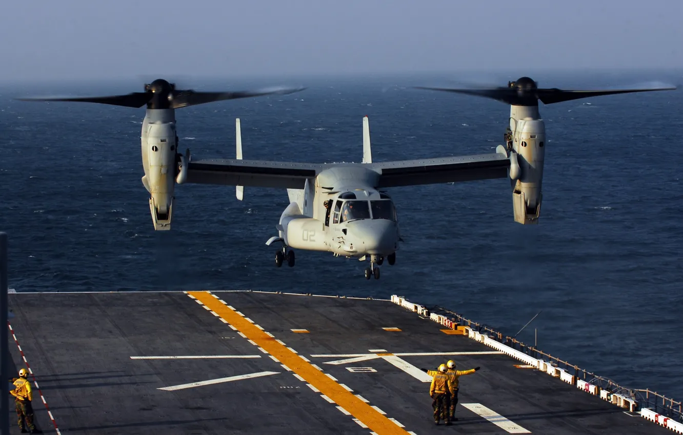 Фото обои океан, палуба, взлет, конвертоплан, U.S. Marine MV-22 Osprey