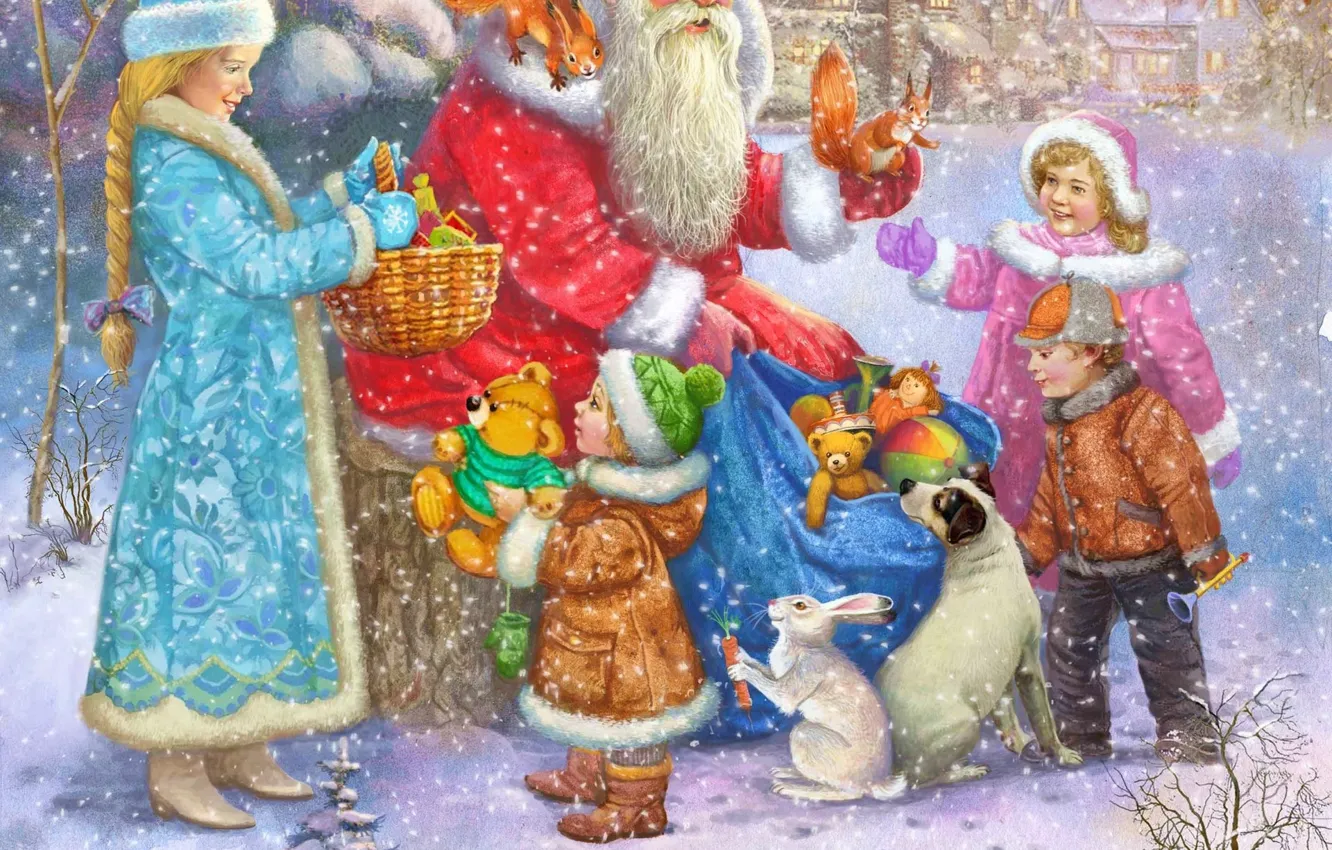 Фото обои дети, собака, подарки, Снегурочка, Дед Мороз, белки, зайчата, Виталий Дударенко