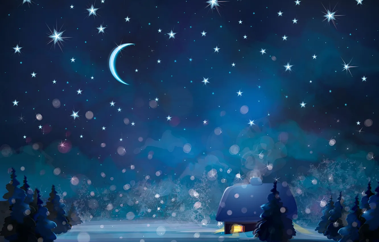 Фото обои Рисунок, Снегопад, Drawing, Snowfall, Winter Night, Зимняя Ночь