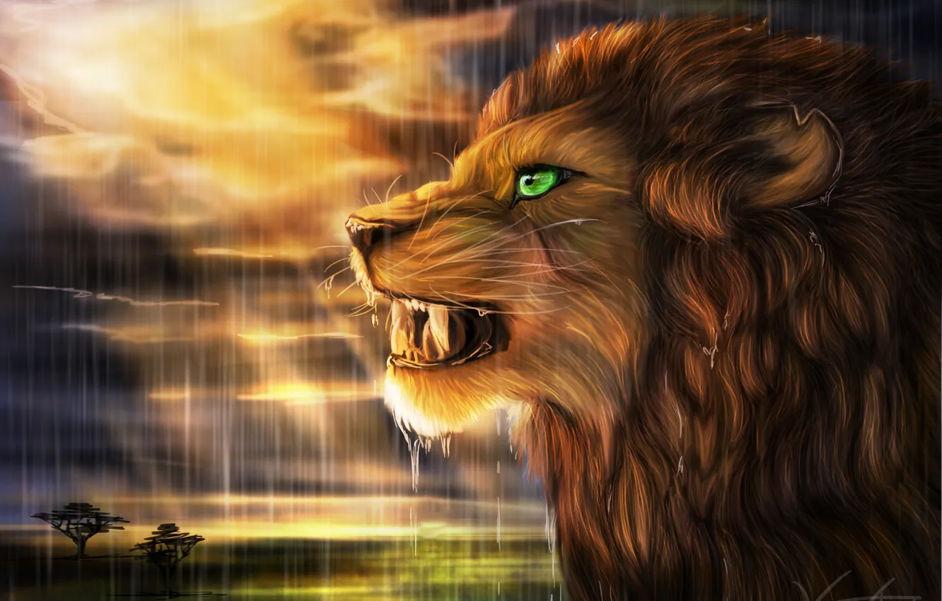Фото обои солнце, дождь, хищник, лев, арт, саванна, профиль, дикая кошка