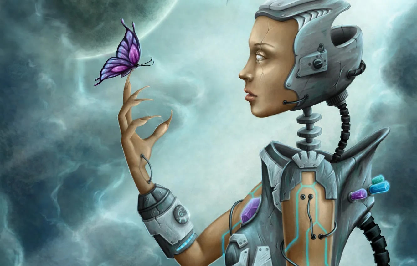 Фото обои девушка, металл, бабочка, провода, робот, арт, когти, кристаллы