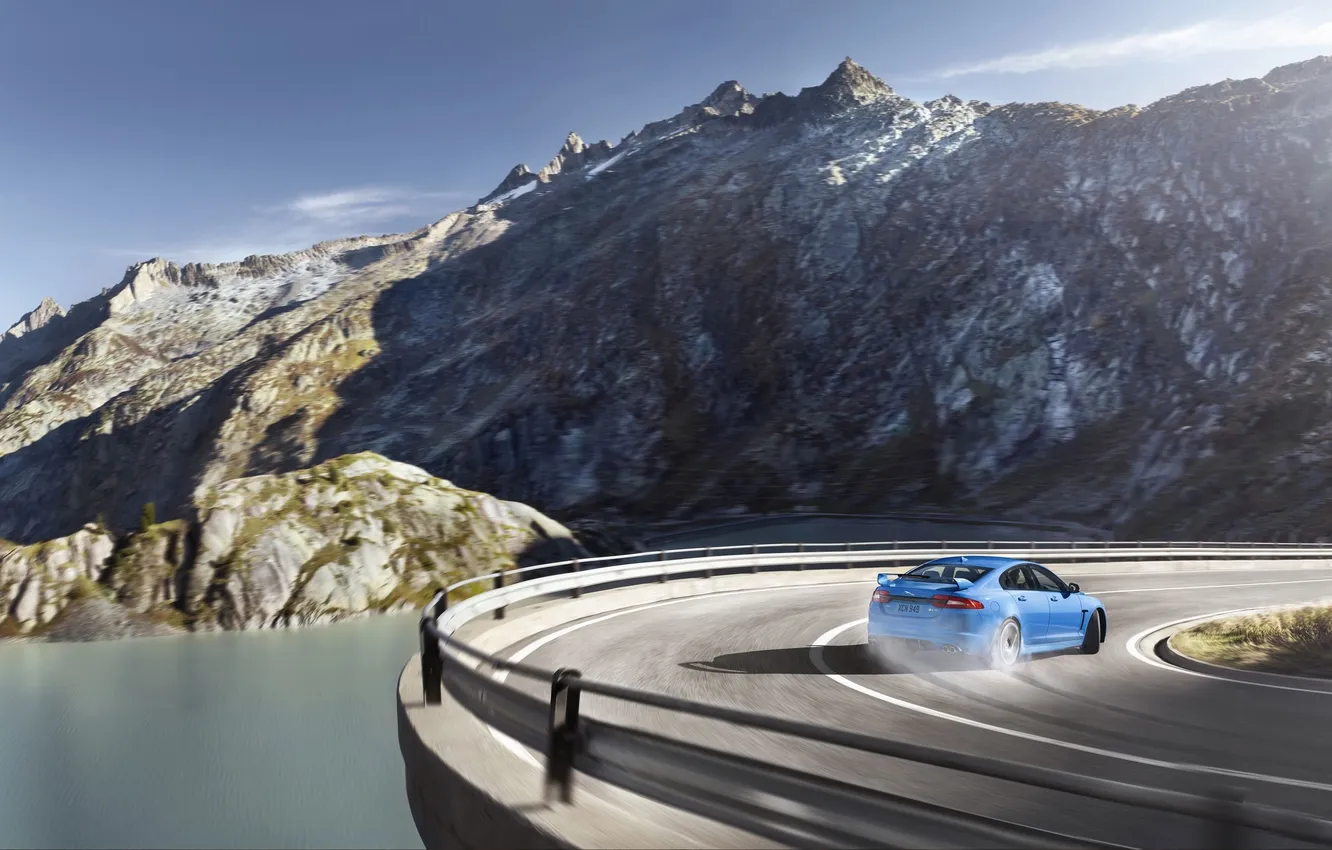 Фото обои дорога, машина, горы, Jaguar, Занос, ягуар, XFR-S