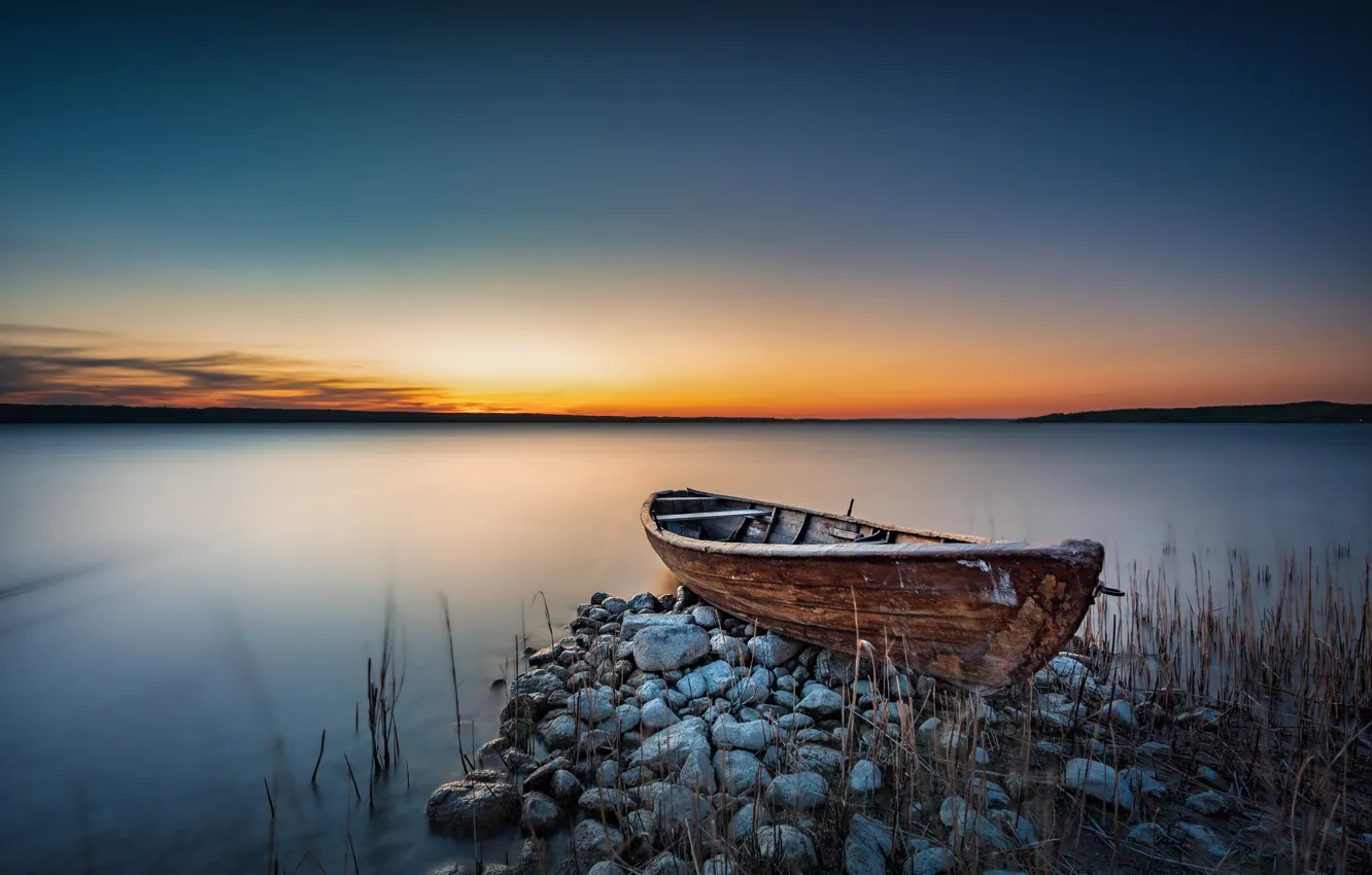 Фото обои закат, берег, лодка