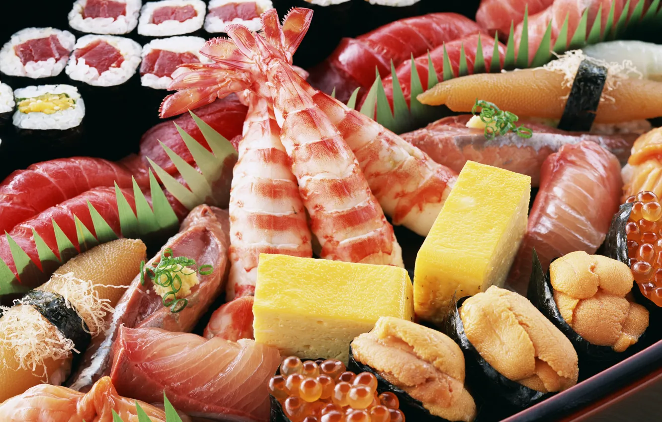 Фото обои сыр, икра, японская еда, роллы, креветки, морепродукты, блюда