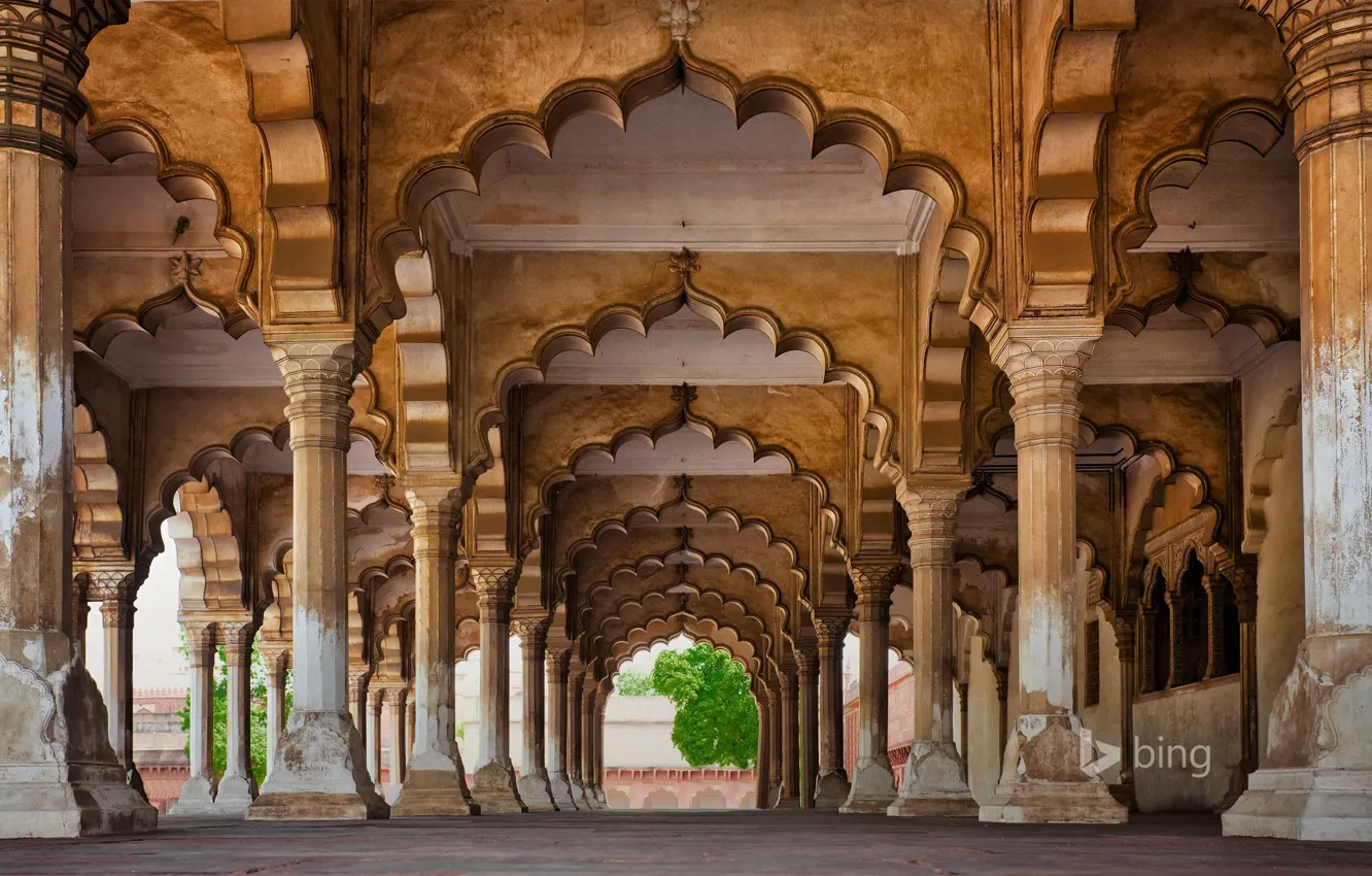 Фото обои здание, Индия, двор, арка, колонны, архитектура, Агра, Agra Fort