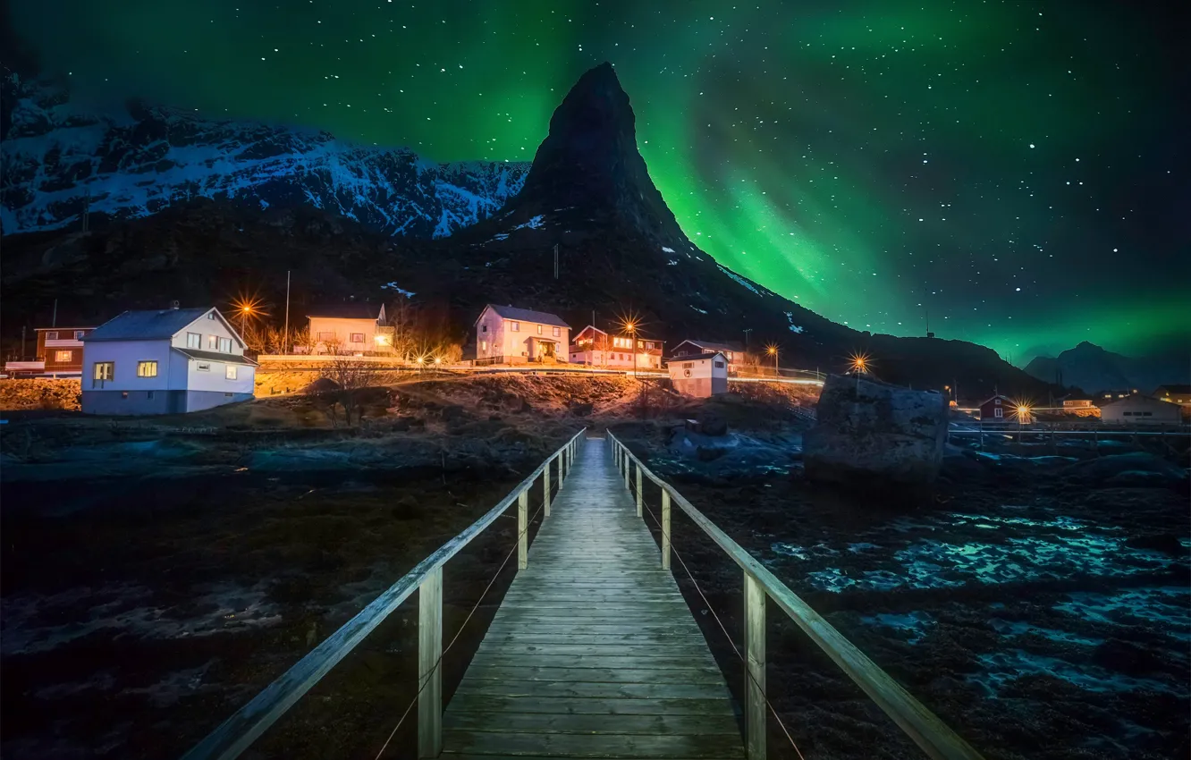 Фото обои свет, горы, ночь, северное сияние, Норвегия