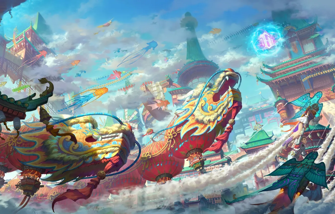 Фото обои fantasy, sky, clouds, dragon, digital art, artwork, fantasy art, lanterns
