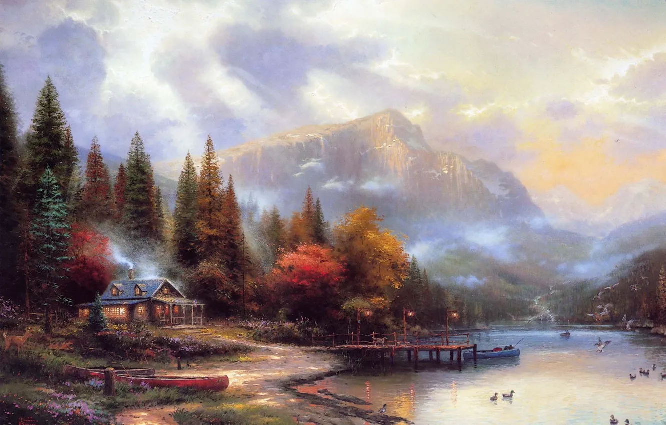Фото обои осень, горы, дом, река, живопись, Thomas Kinkade
