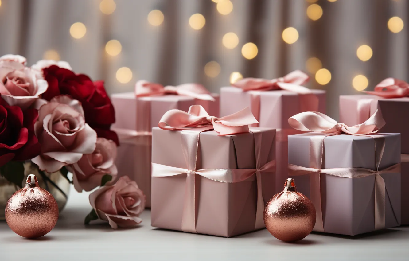 Фото обои украшения, шары, розы, Новый Год, Рождество, подарки, new year, happy