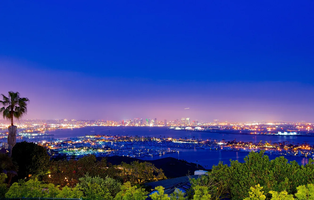 Фото обои город, огни, вид, вечер, панорама, San Diego, Bay, spectacular views