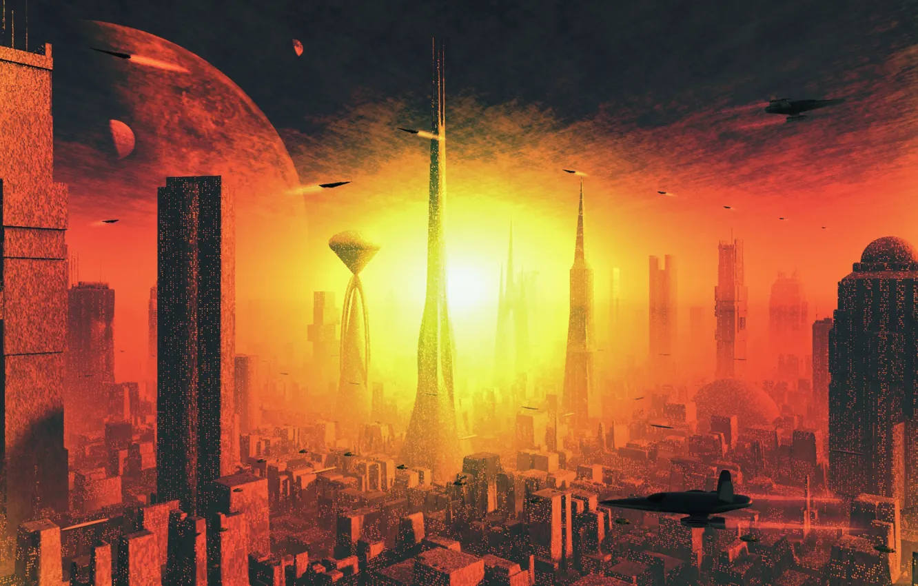 Фото обои взрыв, апокалипсис, планеты, вспышка, небоскребы, башни, мегаполис
