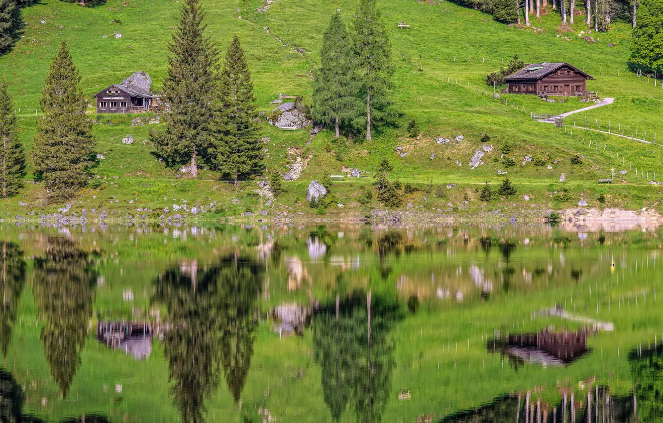 Фото обои трава, отражения, деревья, горы, озеро, дом, Германия, склон