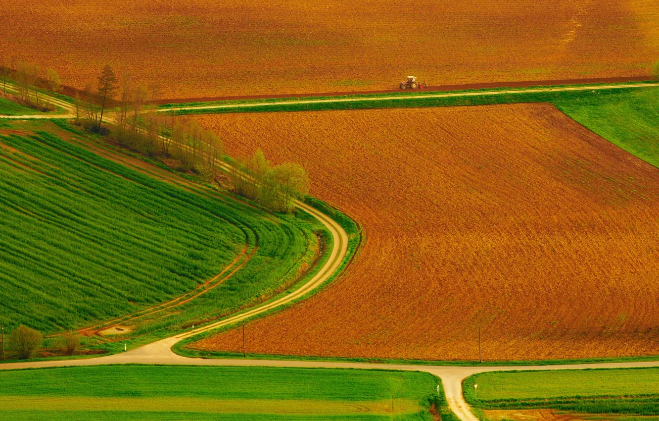 Фото обои дорога, поле, деревья, поля, дороги, трактор