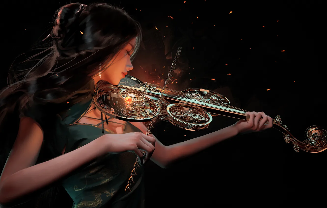Фото обои Fantasy, Princess, WLOP, Fantasy girl, Black Dark, Playing violin