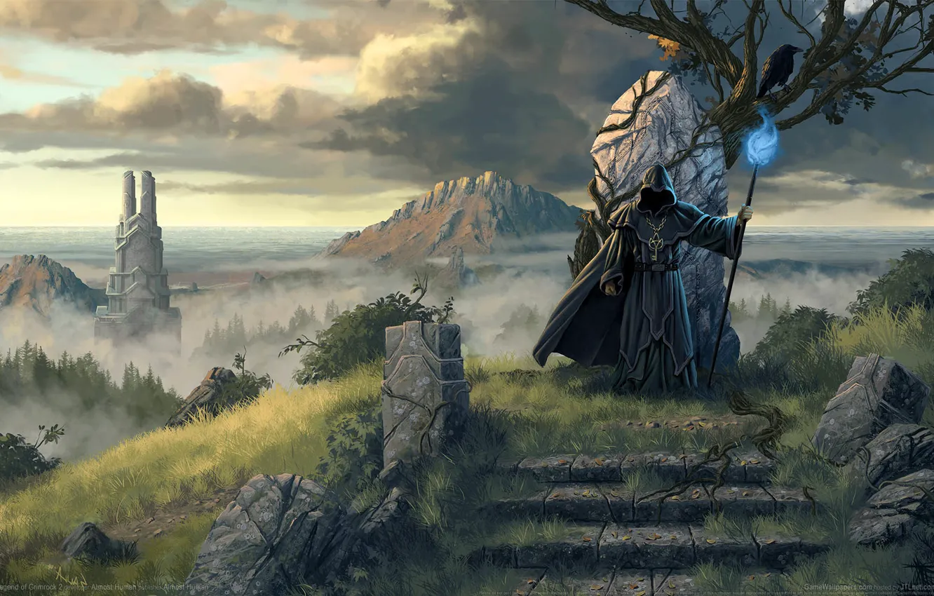 Фото обои фэнтези, маг, посох, ворон, game wallpapers, Legend of Grimrock 2