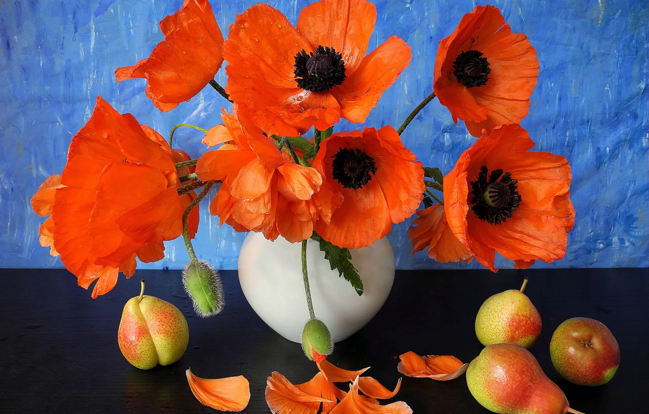 Фото обои цветы, маки, лепестки, ваза, фрукты, натюрморт, груши