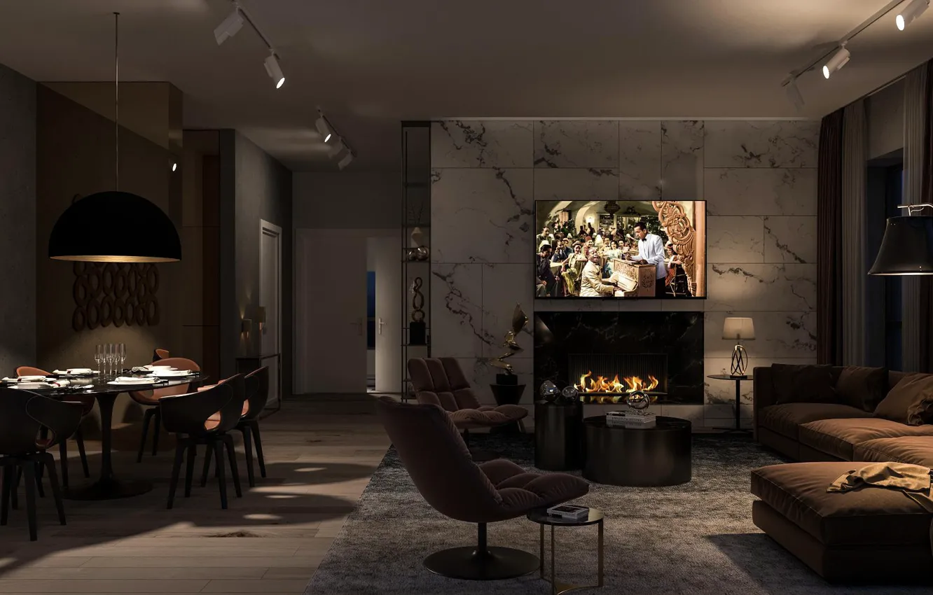 Фото обои дизайн, стиль, интерьер, камин, гостиная, luxury, Modern, столовая